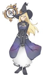 Rule 34 | 1girl, astrologian (final fantasy), blonde hair, boots, final fantasy, frills, full body, hat, kangda-nim, long hair, long skirt, long sleeves, looking away, original, own hands together, simple background, skirt, solo, standing, v arms, wavy mouth, weapon, white background, white skirt