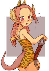 Rule 34 | 1girl, animal print, asagi juko, ass, blush, braid, club (weapon), fake horns, female focus, horns, looking at viewer, mamaru, one-piece swimsuit, oni costume, oni horns, open mouth, original, pink eyes, pink hair, pointy ears, print swimsuit, solo, swimsuit, tail, tiger print, twin braids, weapon