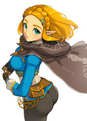 Rule 34 | 1girl, absurdres, artist name, ass, blonde hair, breasts, fingerless gloves, from above, gloves, gonzarez, highres, huge ass, large breasts, long hair, looking at viewer, nintendo, pants, pointy ears, princess zelda, solo, the legend of zelda, the legend of zelda: tears of the kingdom