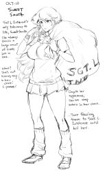 Rule 34 | 1girl, bow, bracelet, breasts, character name, character profile, english text, female focus, ge-b, greyscale, hair ornament, highres, holly, jewelry, large breasts, leg warmers, lips, long hair, miniskirt, mistletoe, monochrome, original, sack, school uniform, sketch, skirt, smile, solo