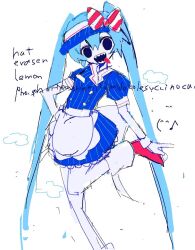Rule 34 | 1girl, apron, black eyes, black mouth, blue dress, blue hat, dress, hat, hatsune miku, head tilt, long hair, looking at viewer, mesmerizer (vocaloid), open mouth, puffy short sleeves, puffy sleeves, sharp teeth, short sleeves, simple background, sketch, smile, solo, teeth, tongue, tongue out, toochi (tochiko0214), twintails, very long hair, visor cap, vocaloid, waist apron, waitress, white apron, white background