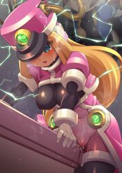 Rule 34 | 1boy, 2girls, aile (mega man zx), bent over, black bodysuit, blonde hair, blue eyes, bodysuit, bodysuit under clothes, breasts, cable, coat, commentary request, commission, covered erect nipples, crotch rub, electricity, girouette (mega man), gummyrise, hat, highres, large breasts, long hair, masturbation, mega man (series), mega man zx, multiple girls, nipples, peeking, pink coat, pink hat, prairie (mega man), purple bodysuit, pussy juice, saliva, sex, sex from behind, shako cap, skeb commission, solo focus, sweat, table humping, tears, torn bodysuit, torn clothes