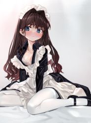 Rule 34 | 1girl, alternate costume, apron, bed sheet, black dress, black footwear, blue eyes, blush, bra, breasts, brown hair, closed mouth, commentary, dress, elisia valfelto, enmaided, frown, grey background, hair intakes, highres, long hair, looking at viewer, luicent, maid, maid apron, maid headdress, mary janes, medium dress, on bed, open clothes, open dress, original, pantyhose, shoes, sitting, small breasts, solo, underwear, white apron, white bra, white pantyhose, yokozuwari