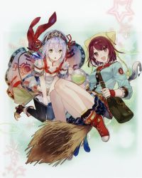 Rule 34 | 2girls, absurdres, atelier (series), atelier sophie, bag, bare shoulders, blush, breasts, broom, brown eyes, brown hair, green eyes, hair ornament, highres, huge filesize, jewelry, long hair, looking at viewer, multiple girls, necklace, noco (adamas), official art, open mouth, plachta, potion, scan, short hair, silver hair, smile, sophie neuenmuller, staff, tail, thighhighs