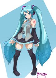 Rule 34 | 1girl, absurdres, aqua hair, aqua necktie, artist name, black footwear, black skirt, black sleeves, blouse, boots, closed mouth, collared shirt, commentary, detached sleeves, english commentary, full body, grey shirt, hair ribbon, hatsune miku, headset, highres, long hair, looking at viewer, miniskirt, necktie, nin10ja, number tattoo, pleated skirt, purple ribbon, ribbon, shirt, shoulder tattoo, signature, skirt, smile, solo, standing, tattoo, thigh boots, thighhighs, very long hair, vocaloid, wing collar