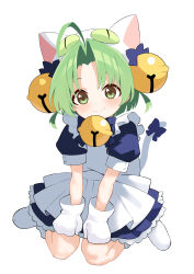 1girl ahoge animal_hat apron bell blue_bow blue_bowtie blue_dress bow bowtie cat_girl cat_hat cat_tail closed_mouth commentary_request dejiko di_gi_charat dress full_body green_eyes green_hair hair_bell hair_bow hair_ornament hat highres invisible_chair jingle_bell looking_at_viewer medium_hair mittens neck_bell odaneru_apart parted_bangs puffy_short_sleeves puffy_sleeves short_sleeves simple_background sitting smile solo tail tail_bow tail_ornament two_side_up wariza white_apron white_background white_footwear white_hat white_mittens