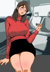 Rule 34 | 1girl, arm support, black hair, black skirt, blush, breasts, brown eyes, car interior, curvy, earrings, facing viewer, highres, huge breasts, jewelry, legs, legs together, long hair, long sleeves, looking at viewer, mature female, miniskirt, original, parted lips, pietoro, red sweater, sitting, skirt, solo, stud earrings, sweater, thighs, turtleneck
