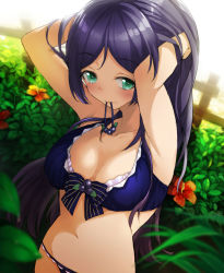 Rule 34 | 1girl, adjusting hair, alternate hairstyle, armpits, artist name, artist request, bare shoulders, bikini, bikini top only, blue bikini, blue vest, blush, breasts, cleavage, collarbone, day, female focus, flower, frilled bikini, frills, front-tie bikini top, front-tie top, green eyes, grin, hair bobbles, hair ornament, hand in own hair, hand on head, long hair, looking at viewer, love live!, love live! school idol festival, love live! school idol project, medium breasts, outdoors, parted bangs, ponytail, purple hair, ribbon, smile, solo, standing, striped ribbon, swept bangs, swimsuit, teeth, tojo nozomi, upper body, very long hair, vest