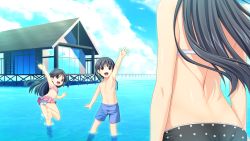 Rule 34 | 10s, 1boy, 2girls, barefoot, black eyes, black hair, character request, fukami nagisa, game cg, highres, koutaro, long hair, multiple girls, open mouth, swimsuit, tropical kiss, tropical vacation, twinkle (company), water
