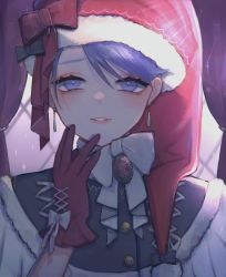 Rule 34 | 1girl, black bow, black capelet, blue eyes, blue hair, blurry, blurry background, bow, bowtie, brooch, capelet, depth of field, doremy sweet, drop earrings, earrings, eyebrows hidden by hair, fur trim, glint, gloves, hand on own cheek, hand on own face, hand up, hat, hat bow, jewelry, light smile, looking at viewer, nightcap, parted lips, purple curtains, red bow, red gloves, red hat, sakana monyaka, solo, swept bangs, touhou, upper body, white bow, white bowtie, window
