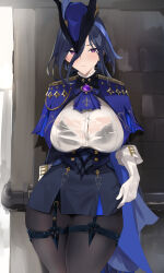 Rule 34 | 1girl, ascot, black bra, black pantyhose, black skirt, blazingchaos, blue ascot, blue cape, blue hair, blue hat, bra, bra visible through clothes, breasts, button gap, cape, clorinde (genshin impact), closed mouth, corset, dark blue hair, drop earrings, earrings, epaulettes, fold-over gloves, framed breasts, genshin impact, gloves, hair between eyes, hat, high-waist skirt, highres, jewelry, large breasts, light blush, long hair, looking at viewer, multicolored hair, pantyhose, purple eyes, see-through, see-through shirt, shirt, skirt, solo, streaked hair, sweatdrop, taut clothes, taut shirt, thigh strap, tricorne, underwear, vision (genshin impact), white gloves, white shirt