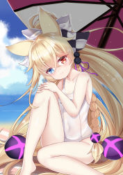 Rule 34 | 1girl, absurdres, animal ears, arlene (ju), bare arms, bare legs, bare shoulders, barefoot, beach umbrella, blonde hair, blue eyes, blue sky, blush, bow, braid, breasts, cat ears, checkered bow, checkered clothes, closed mouth, cloud, cloudy sky, collarbone, commentary request, day, feet out of frame, g41 (beach punk 2064) (girls&#039; frontline), g41 (girls&#039; frontline), girls&#039; frontline, hair between eyes, hair bow, hair ornament, hair ribbon, hands on knee, head tilt, heterochromia, highres, horizon, long hair, name tag, ocean, official alternate costume, one-piece swimsuit, outdoors, purple ribbon, red eyes, ribbon, school swimsuit, sitting, sky, small breasts, smile, solo, swimsuit, umbrella, very long hair, water, white bow, white one-piece swimsuit, white school swimsuit