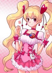 Rule 34 | 00s, 10s, 1girl, 2015, blonde hair, bow, breasts, choker, collarbone, cure peach, earrings, fresh precure!, frilled skirt, frills, hair ornament, halftone, halftone background, heart, heart hair ornament, highres, jewelry, long hair, maboroshineko, magical girl, momozono love, pink background, pink bow, pink eyes, polka dot, polka dot background, precure, skirt, smile, solo, twintails