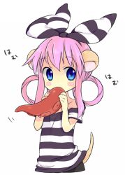 Rule 34 | 1girl, alternate costume, animal ears, biting, blush stickers, bow, bow hairband, cropped legs, food, hair bow, hair rings, hairband, holding, holding food, kemonomimi mode, looking at viewer, lr., octopus, pink hair, prison clothes, sherlock shellingford, shirt, sidelocks, simple background, solo, striped bow, striped clothes, striped shirt, tail, tantei opera milky holmes, white background
