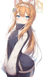 Rule 34 | 1girl, animal ear fluff, animal ears, black jacket, black shorts, blue archive, blue eyes, blush, closed mouth, flower, gym shorts, hair between eyes, hair flower, hair ornament, hairband, halo, highres, jacket, long hair, long sleeves, looking at viewer, mari (blue archive), mari (track) (blue archive), multicolored clothes, multicolored jacket, official alternate costume, orange hair, short shorts, shorts, smile, solo, topia, track jacket, two-tone jacket, very long hair, white background, white flower, white hairband, white jacket