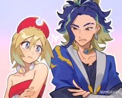 Rule 34 | 1boy, 1girl, :t, adaman (pokemon), arm wrap, artist name, blonde hair, blue coat, blue hair, blush, bracelet, brown eyes, closed mouth, coat, collar, collarbone, commentary, creatures (company), crossed arms, earrings, eye contact, eyebrow cut, eyelashes, frown, game freak, glaring, green hair, grey eyes, hair between eyes, hairband, hammerings, highres, irida (pokemon), jewelry, looking at another, medium hair, multicolored hair, neck ring, nintendo, outline, parted lips, pokemon, pokemon legends: arceus, red hairband, red shirt, shirt, signature, strapless, strapless shirt, upper body