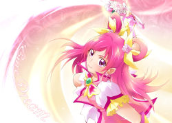 Rule 34 | 00s, 1girl, arm warmers, ashita wa hitsuji, character name, cure dream, detached sleeves, earrings, energy sword, english text, eyelashes, fingerless gloves, gloves, gradient background, hair ornament, hair rings, half updo, happy, highres, jewelry, long hair, looking at viewer, magical girl, pink background, pink eyes, pink hair, precure, puffy sleeves, shirt, skirt, smile, solo, sword, vest, weapon, yes! precure 5, yes! precure 5 gogo!, yumehara nozomi