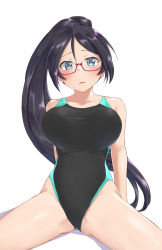 Rule 34 | 1girl, aimobake, bad id, bad twitter id, bespectacled, black hair, black one-piece swimsuit, blue eyes, blush, breasts, commentary, competition swimsuit, covered navel, glasses, highres, idolmaster, idolmaster cinderella girls, large breasts, long hair, looking at viewer, one-piece swimsuit, parted lips, ponytail, red-framed eyewear, semi-rimless eyewear, simple background, sitting, solo, spread legs, sugisaka umi, sweatdrop, swept bangs, swimsuit, under-rim eyewear, white background