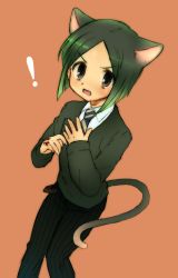 Rule 34 | !, 1boy, androgynous, animal ears, bad id, bad pixiv id, black hair, bob cut, cat boy, cat ears, cat tail, command spell, fang, fate/stay night, fate/zero, fate (series), green eyes, kemonomimi mode, male focus, naiya, necktie, open mouth, parted bangs, simple background, solo, surprised, tail, waver velvet