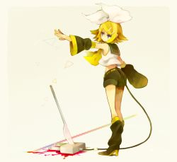 Rule 34 | 1girl, absurdres, black footwear, black sailor collar, black shorts, blonde hair, boots, bow, cable, cable tail, detached sleeves, electric plug, hair bow, hair ornament, hairclip, haru (oomr005), high heel boots, high heels, highres, kagamine rin, knee boots, knife, making-of available, mechanical tail, nail polish, neckerchief, no mouth, sailor collar, short hair, shorts, simple background, solo, tail, vocaloid, white bow, yellow nails, yellow neckerchief