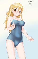 Rule 34 | 1girl, absurdres, blonde hair, blue background, blue one-piece swimsuit, braid, breasts, brown eyes, competition swimsuit, contrapposto, covered navel, cowboy shot, gradient background, highres, kantai collection, large breasts, long hair, looking at viewer, maru (marg0613), one-hour drawing challenge, one-piece swimsuit, side braid, solo, standing, swimsuit, wavy hair, white background, zara (kancolle)
