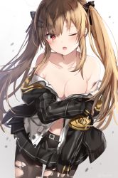 Rule 34 | 1girl, ;o, armband, bad id, bad pixiv id, bare shoulders, black jacket, black pantyhose, black ribbon, black skirt, blush, breasts, burnt clothes, cleavage, collarbone, commentary request, cowboy shot, double vertical stripe, dutch angle, fang, female focus, girls&#039; frontline, gradient background, grey background, hair ornament, hair ribbon, hairclip, hand on own arm, head tilt, highres, injury, jacket, long hair, long sleeves, looking at viewer, mafuyu (chibi21), medium breasts, miniskirt, navel, no bra, off shoulder, one eye closed, open clothes, open jacket, open mouth, open shirt, pantyhose, pleated skirt, red eyes, ribbon, shirt, sidelocks, skirt, sleeves past wrists, solo, tears, torn clothes, torn pantyhose, torn shirt, torn skirt, twintails, twitter username, ump9 (girls&#039; frontline), very long hair, white shirt