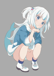 Rule 34 | 1girl, absurdres, blue eyes, blue hair, blue hoodie, blue socks, blush, closed mouth, commentary request, drawstring, fins, fish tail, gawr gura, grey background, hand up, head tilt, highres, hololive, hololive english, hood, hood down, hoodie, knees up, long hair, long sleeves, misashi (raichi821), multicolored hair, panties, shark tail, shoes, simple background, sleeves past wrists, socks, solo, squatting, streaked hair, striped clothes, striped panties, tail, two side up, underwear, very long hair, virtual youtuber, white footwear, white hair