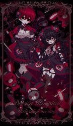 Rule 34 | 2girls, :d, :o, absurdres, apron, arm ribbon, black eyes, black footwear, black hair, blush, border, bow, braid, breasts, brooch, bruise, bruised chest, cleavage, cleavage cutout, clothing cutout, dead or alive, demon horns, detached collar, dress, english text, fishnets, frilled apron, frilled dress, frills, garter straps, hair bow, hair ornament, hairband, halloween, hand on own chest, hand to own mouth, headband, heart, highres, holding, holding staff, holding syringe, horns, injury, jewelry, kneehighs, knees together feet apart, lace, leg ribbon, long hair, long skirt, medium dress, miniskirt, multiple girls, nurse, open clothes, open mouth, open shirt, original, patch, pill, pixel heart, puffy short sleeves, puffy sleeves, rabbit, red eyes, red footwear, red hair, ribbon, sadf8353, short dress, short hair, short sleeves, short twintails, silk, skirt, smile, socks, sparkle, spider web, staff, standing, standing on one leg, stitched neck, stitches, stuffed animal, stuffed toy, syringe, thighhighs, twintails, unbuttoned, unbuttoned shirt, very long hair