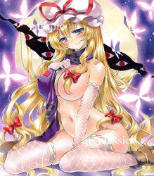 Rule 34 | 1girl, at classics, blonde hair, blue eyes, blush, boots, breasts, bug, butterfly, covered erect nipples, elbow gloves, full moon, gap (touhou), gloves, hair censor, hat, insect, large breasts, long hair, looking at viewer, marker (medium), moon, naked tabard, navel, sample watermark, sitting, smile, solo, tabard, thighhighs, touhou, traditional media, wariza, watermark, white gloves, white thighhighs, yakumo yukari