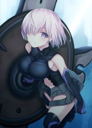 Rule 34 | 1girl, :o, bare shoulders, black footwear, black gloves, boots, breasts, center opening, elbow gloves, eyebrows, fate/grand order, fate (series), gloves, grey skirt, hair over one eye, highres, large breasts, mash kyrielight, monobe tsukuri, navel, parted lips, pink hair, shield, short hair, skirt, solo, stomach, thigh boots, thighhighs