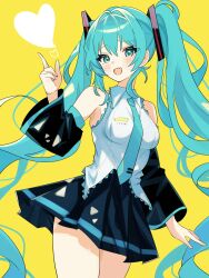 Rule 34 | 1girl, absurdres, black skirt, black sleeves, blue eyes, blue hair, blue necktie, blush, coco irasuto, collared shirt, commentary, cowboy shot, detached sleeves, fang, hatsune miku, heart, highres, long hair, long sleeves, necktie, paid reward available, pleated skirt, shirt, simple background, skin fang, skirt, sleeveless, sleeveless shirt, smile, solo, standing, twintails, very long hair, vocaloid, yellow background