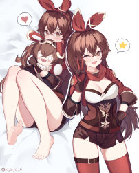 Rule 34 | 1girl, ;d, absurdres, amber (genshin impact), ayaya (ayaya ri), bad id, bad pixiv id, bare legs, barefoot, baron bunny (genshin impact), bed sheet, breasts, brown eyes, brown hair, cleavage, commentary request, hugging doll, genshin impact, gloves, hair between eyes, hairband, heart, highres, long hair, looking at viewer, hugging object, one eye closed, open mouth, short sleeves, sidelocks, sitting, smile, soles, solo, spoken heart, spoken star, star (symbol), stuffed animal, stuffed rabbit, stuffed toy, thighhighs, toes, v, zettai ryouiki