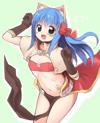 Rule 34 | 1girl, :d, animal ear fluff, animal ears, bikini, bikini top only, blue hair, blush, bow, brown capelet, brown gloves, capelet, cat ears, commentary request, elbow gloves, emurin, feet out of frame, flat chest, gloves, green background, green eyes, hair bow, highres, long hair, looking at viewer, mage (ragnarok online), majiko (emurin), midriff, navel, open mouth, outline, paw print tattoo, pelvic curtain, ragnarok online, red bikini, red bow, red skirt, showgirl skirt, simple background, skirt, smile, solo, star-shaped pupils, star (symbol), swimsuit, symbol-shaped pupils, white outline