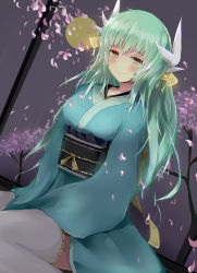 Rule 34 | 1girl, absurdres, bad id, bad pixiv id, blue hair, blush, cherry blossoms, dutch angle, fate/grand order, fate (series), hair ornament, highres, horns, japanese clothes, kimono, kiyohime (fate), long hair, looking at viewer, petals, sitting, smile, solo, steru (nnsterus), thighhighs, wariza, white thighhighs, yellow eyes