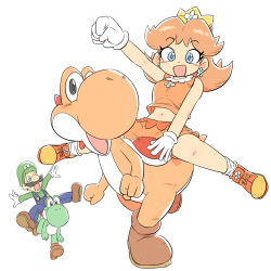 Rule 34 | 1boy, 1girl, arm up, blue eyes, boots, breasts, brown hair, carrying, crown, earrings, facial hair, flower earrings, full body, gloves, happy, hat, highres, jewelry, junnosu, legs, looking at viewer, luigi, mario (series), medium breasts, mustache, navel, nervous, nintendo, open mouth, princess daisy, red footwear, running, short hair, shorts, sitting, smile, super mario bros. 1, super mario land, super mario world, sweat, tomboy, white gloves, yoshi, yoshi&#039;s island