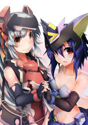 Rule 34 | 2girls, absurdres, animal ears, armor, bag, bare shoulders, black gloves, blue hair, blue skirt, blush, bracelet, breasts, brown eyes, closed mouth, collarbone, covered navel, elbow gloves, fingerless gloves, floating hair, gloves, gradient background, hair between eyes, hair ribbon, hand on another&#039;s chest, handbag, headgear, highres, holding hands, interlocked fingers, jewelry, leotard, long hair, looking at viewer, looking to the side, midriff, multicolored clothes, multicolored skirt, multiple girls, navel, open mouth, orange ribbon, original, pink background, red eyes, ribbon, shiny clothes, shiny skin, short hair, sidelocks, silver hair, skirt, small breasts, smile, standing, stomach, very long hair, white background, zelitto