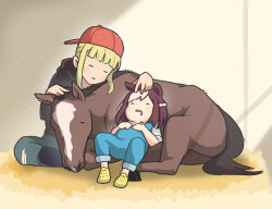 Rule 34 | 2girls, aged down, animal ears, backwards hat, baseball cap, black hoodie, blonde hair, blue overalls, blunt bangs, braid, brown hair, commentary request, creature and personification, drooling, french braid, hat, hood, hoodie, horse, horse ears, horse girl, multicolored hair, multiple girls, ooishi oil, overalls, real life, red headwear, sidelocks, sleeping, special week&#039;s adoptive mom, special week (racehorse), special week (umamusume), two-tone hair, umamusume, white hair, yellow footwear