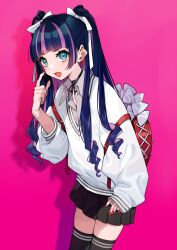 Rule 34 | 1girl, absurdres, backpack, bag, blue eyes, blunt bangs, character request, collared shirt, copyright request, ear piercing, gyaru, hair ribbon, highres, kneehighs, multicolored hair, nail polish, neck ribbon, off shoulder, oversized clothes, piercing, pink hair, pleated skirt, purple hair, red nails, ribbon, shirt, skirt, socks, solo, sweater, two-tone hair, two side up, yuu (higashi no penguin)