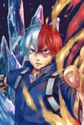 1boy black_background blue_eyes boku_no_hero_academia burn_scar commentary_request fingernails fire grey_eyes hair_between_eyes heterochromia highres ice male_focus multicolored_hair red_hair scar simple_background todoroki_shouto two-tone_hair white_hair yomoyama_yotabanashi