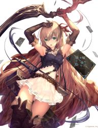 Rule 34 | 1girl, arisa (shadowverse), belt, blonde hair, bow (weapon), breasts, cape, card, cygames, elbow gloves, elf, gloves, green eyes, hair ribbon, highres, long hair, looking at viewer, open mouth, pleated skirt, pointy ears, red ribbon, ribbon, shadowverse, sheath, sheathed, skirt, small breasts, solo, sword, tachikawa mushimaro, thighhighs, watermark, weapon