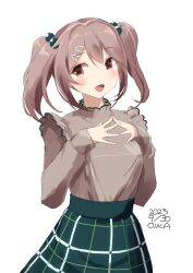 Rule 34 | 1girl, alternate costume, artist name, brown shirt, commentary request, cowboy shot, dated, frilled shirt, frills, green skirt, hair bobbles, hair ornament, hairclip, highres, kantai collection, owa (ishtail), pink eyes, pink hair, plaid, plaid skirt, sazanami (kancolle), shirt, short hair, skirt, smile, solo, steepled fingers, twintails