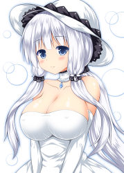 Rule 34 | 1girl, azur lane, bare shoulders, blue eyes, blush, breasts, choker, cleavage, collarbone, commentary request, dress, elbow gloves, covered erect nipples, gloves, hair ornament, hat, illustrious (azur lane), large breasts, long hair, looking at viewer, nagana sayui, off-shoulder dress, off shoulder, revision, simple background, smile, solo, sun hat, tri tails, v arms, white background, white dress, white gloves, white hair