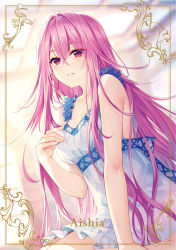 Rule 34 | 1girl, aishia, bare shoulders, breasts, collarbone, dress, frilled dress, frills, highres, long hair, medium breasts, parted lips, pink hair, red eyes, riv (rivleaf), seirei gensouki, sleeveless, smile, solo