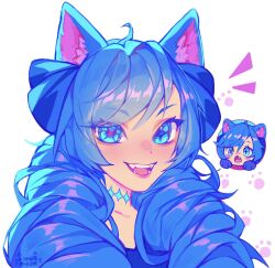 Rule 34 | 1girl, :d, :o, ahoge, animal ears, blue eyes, blue hair, blush stickers, bow, cat ears, cat girl, drill hair, fangs, green eyes, gwen (league of legends), hair bow, highres, knol (flowrmosh), league of legends, long hair, looking at another, open mouth, portrait, smile, teeth, twin drills, twintails, white background