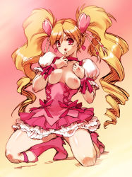 Rule 34 | 00s, 1girl, blonde hair, blush, boots, bow, breasts, cure peach, dress, drill hair, fresh precure!, frills, hair ornament, heart, heart hair ornament, hisahiko, knee boots, kneeling, long hair, magical girl, momozono love, nipples, pink bow, pink eyes, pink footwear, precure, red eyes, smile, solo, twintails