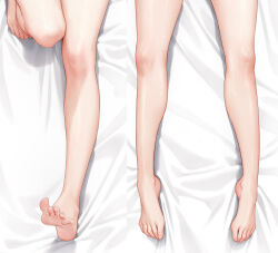 Rule 34 | 1girl, bare legs, barefoot, bed, bed sheet, dakimakura (medium), feet, from above, kouhai-chan (mignon), legs, lying, mignon, multiple views, on back, original, soles, toes, wet