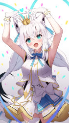 Rule 34 | 1girl, :d, absurdres, ahoge, animal ear fluff, animal ears, armpits, arms up, bare arms, blue bow, blue eyes, bow, braid, commentary, cowboy shot, crown, dress, fox ears, fox girl, fox tail, gloves, hair between eyes, hair ribbon, highres, hololive, hololive idol uniform, jacket, long hair, mini crown, open mouth, ribbon, saki (saki paint), shirakami fubuki, side braid, smile, solo, standing, tail, thighhighs, twintails, virtual youtuber, white dress, white gloves, white hair, white jacket, white thighhighs