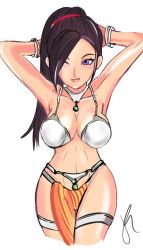 Rule 34 | arms behind head, black hair, bracelet, breasts, choker, dancer&#039;s costume (dq), dragon quest, dragon quest xi, jewelry, jockanapes, large breasts, long hair, martina (dq11), purple eyes