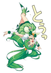 Rule 34 | 10s, 1girl, :d, bike shorts, boots, cure march, green eyes, green hair, green shorts, green skirt, green theme, kazuma muramasa, long hair, magical girl, matching hair/eyes, midorikawa nao, open mouth, outstretched arms, precure, shorts, shorts under skirt, simple background, skirt, smile, smile precure!, solo, spread arms, tri tails, upside-down, very long hair, white background