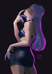 Rule 34 | 1girl, ass, claws, dark, demon girl, earrings, evelynn (league of legends), glowing, glowing eyes, highres, jewelry, jijoniji, league of legends, long hair, looking down, makeup, official alternate costume, open clothes, silver hair, skirt, the baddest evelynn, yellow eyes